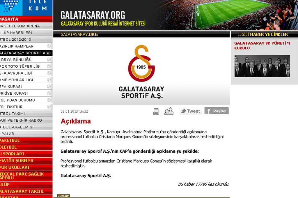 Galatasaray confirmou rescisão de Cris pelo site oficial