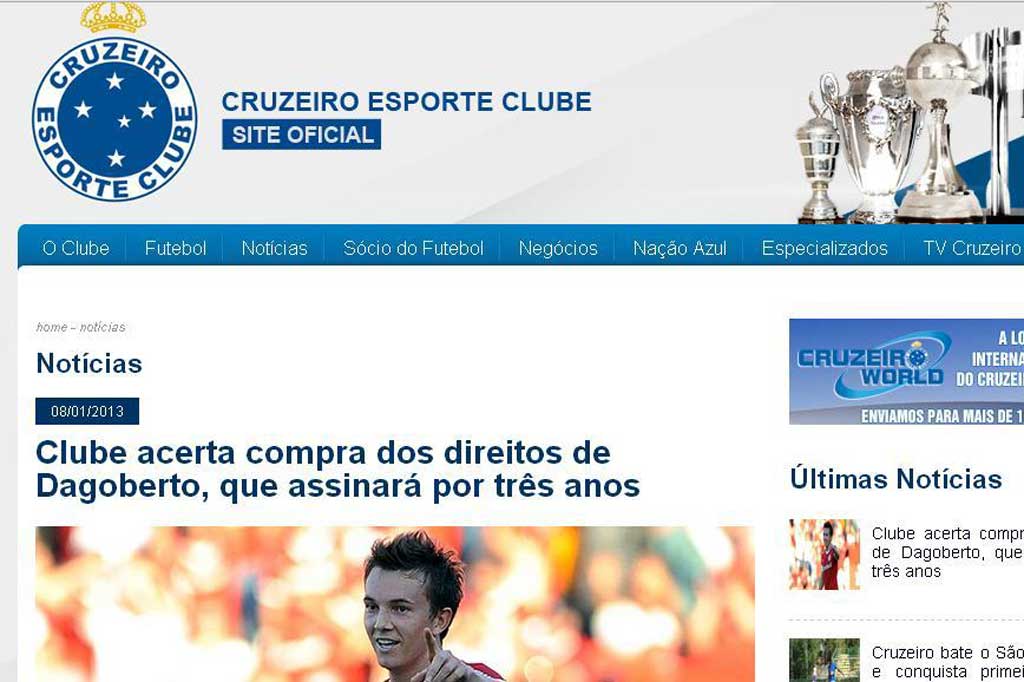 Site do Cruzeiro confirmou acerto com Dagoberto