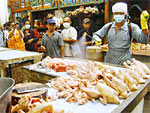 Na cidade de Surabaya, Indonisa, oficial de sade desinfeta frango para consumo. No pas, suspeita-se que mulher de 35 anos tenha morrido devido  doena. Resultado dos testes ainda no foram confirmado