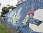 Grafiteiros comeam a pintar o muro do Jornal de Santa Catarina em comemorao aos 45 anos do Santa.
