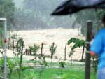 O Rio Bonito transborda no bairro Vila Nova, em Joinville