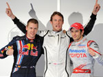 Os trs mais velozes do treino classificatrio: Sebastian Vettel (E), Jenson Button (C) e  Jarno Trulli (D)