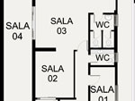Remodelada a recepo, a abertura que dava acesso s salas foi fechada. Paredes em gesso promoveram a criao da sala 4. Uma abertura na parede, estruturada com pilares e vigas metlicas, possibilitou a nova circulao, que conduz s salas com estaes de trabalho e aos banheiros. O depsito dos fundos se transformou em refeitrio e sala para guardar arquivos.