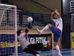 Goleiro tenta, mas nao consegue segurar a bola