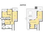 Na planta baixa original do apartamento de cobertura, o pavimento inferior apresentava trs dormitrios e uma rea social reduzida pela presena da parede da circulao. No pavimento superior, a rea de lazer, prximo ao deque com hidromassagem, mostra uma rea de jantar prximo  churrasqueira